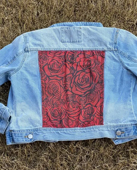 Rose Garden Delight: Handpainted Rose Denim Jacket