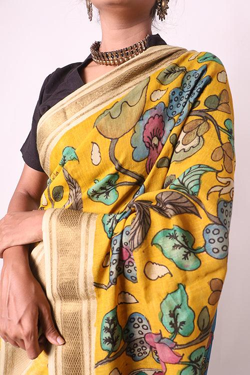 Kalamkari Hand-Painted Maheshwari Silk Saree