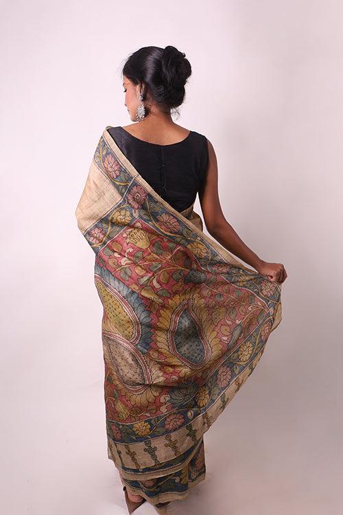 Kalamkari Hand-Painted Maheshwari Silk Saree