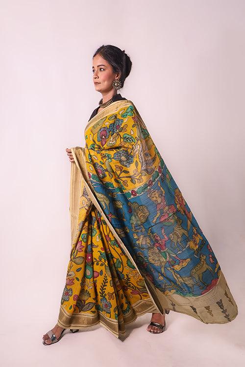 Kalamkari Hand-Painted Maheshwari Silk Saree