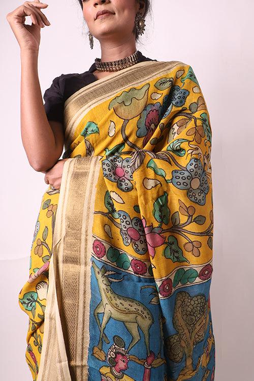 Kalamkari Hand-Painted Maheshwari Silk Saree