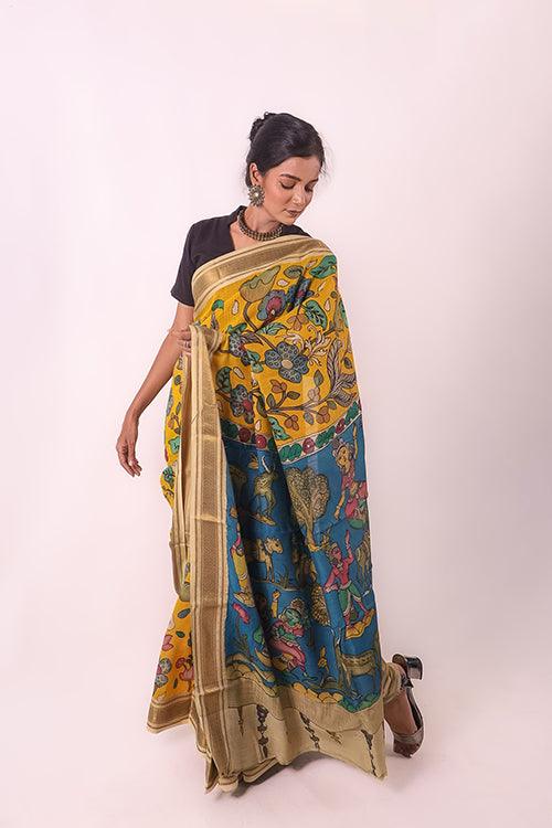 Kalamkari Hand-Painted Maheshwari Silk Saree