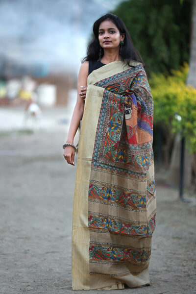 Modal Silk Hand painted Madhubani Saree