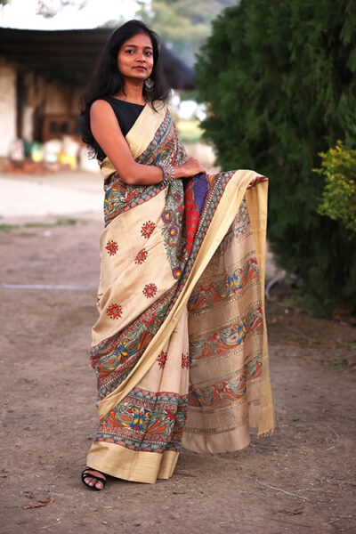 Modal Silk Hand painted Madhubani Saree