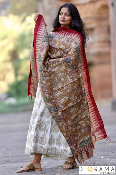 Kalamkari Tussar Ghicha Handloom Silk Hand painted Dupatta