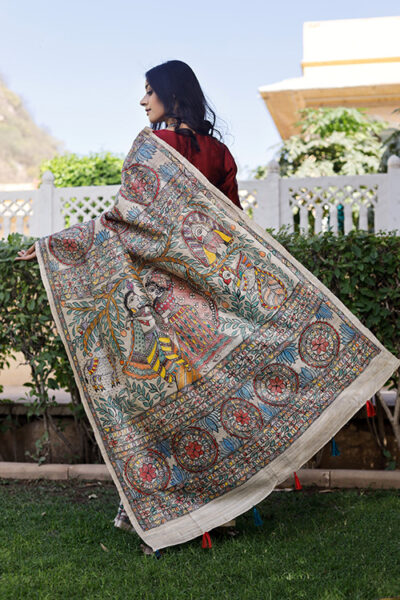 Madhubani Hand-painted Krishna Raas Tussar Silk Saree