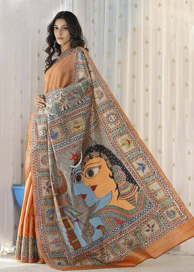 Madhubani Hand-painted Shiv Parvati Tussar Silk Saree