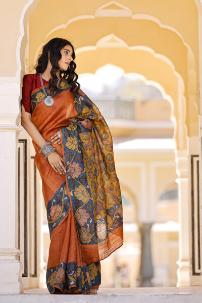 Kalamkari Hand-painted Color Block Tussar Silk Saree