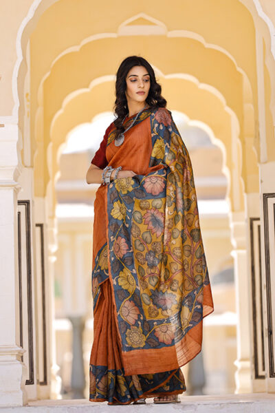 Kalamkari Hand-painted Color Block Tussar Silk Saree