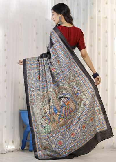 Madhubani Hand-painted Radha Krishna Tussar Silk Saree