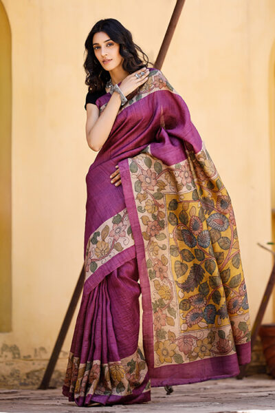 Kalamkari Hand-painted Color Block Tussar Silk Saree