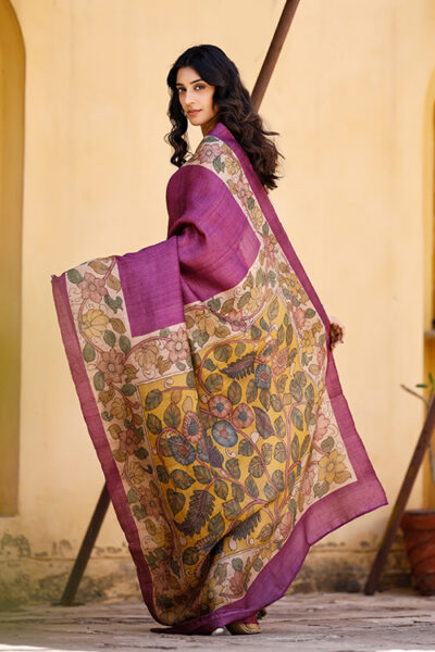 Kalamkari Hand-painted Color Block Tussar Silk Saree