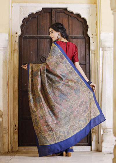 Kalamkari Hand-painted Color Block Tussar Silk Saree