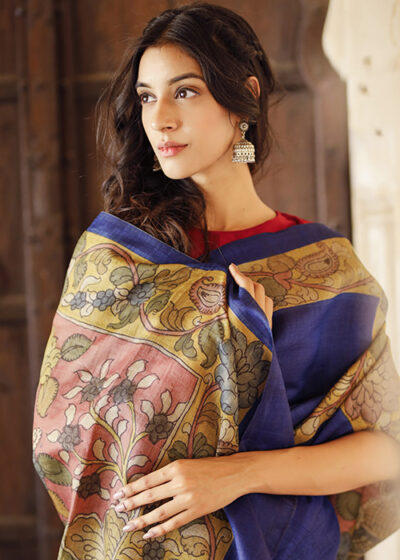 Kalamkari Hand-painted Color Block Tussar Silk Saree