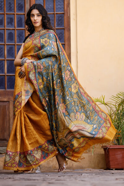 Kalamkari Hand-painted Color Block Tussar Silk Saree