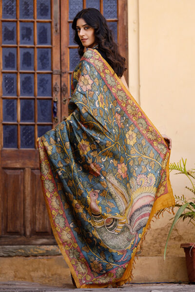 Kalamkari Hand-painted Color Block Tussar Silk Saree