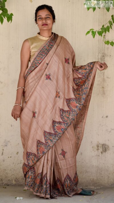 Tussar Silk Hand painted Madhubani Saree