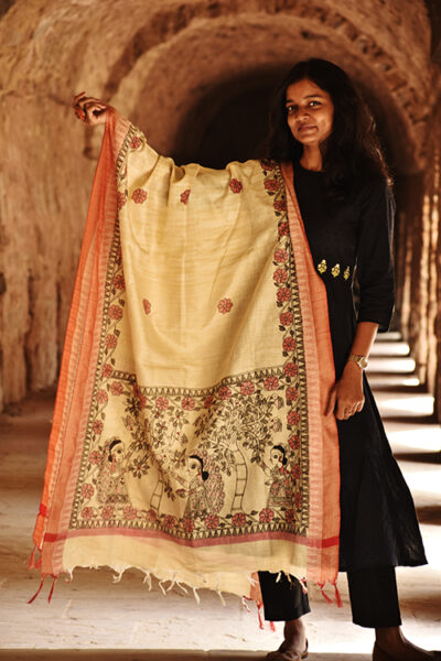 Madhubani Handpainted Black-Red Handpainted Dupatta