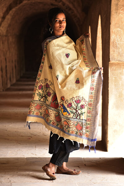 Madhubani Hand-Painted Radha Krishna Cotton Dupatta