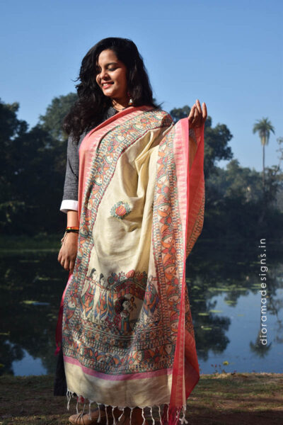 Madhubani Handpainted Beige Cotton Dupatta