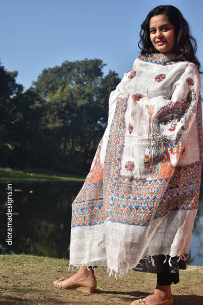 Madhubani Hand Painted Linen Dupatta