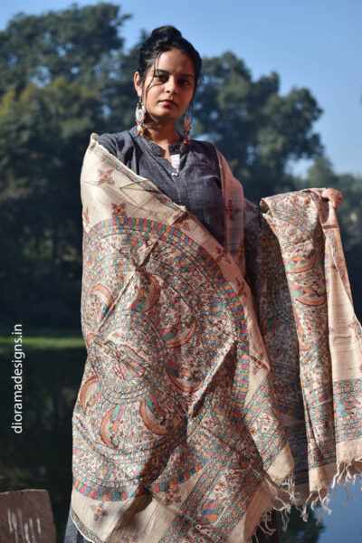 Madhubani Hand-painted Tussar Silk Dupatta