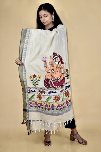 Madhubani Hand-painted “Gajanan” Cotton Dupatta