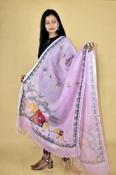 Pink Madhubani Hand-painted Linen Dupatta