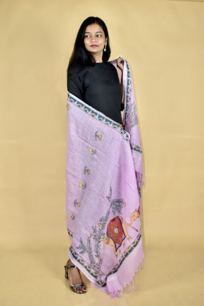 Pink Madhubani Hand-painted Linen Dupatta