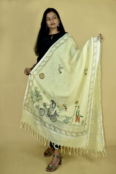 Madhubani Hand-painted “Mother Daughter” Linen Dupatta