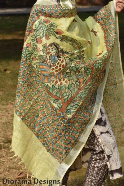 Handpainted Madhubani Linen Radha Krishna Dupatta