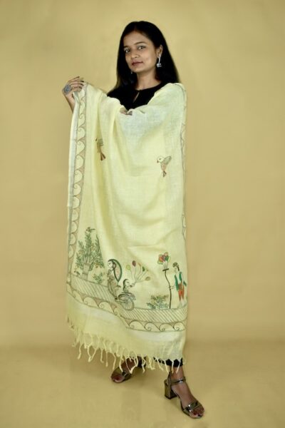 Madhubani Hand-painted “Mother Daughter” Linen Dupatta