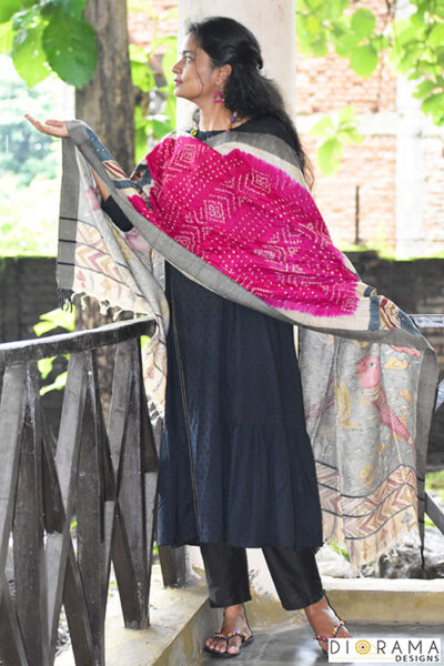 Kalamkari Bandhani Munga Silk Handpainted Dupatta