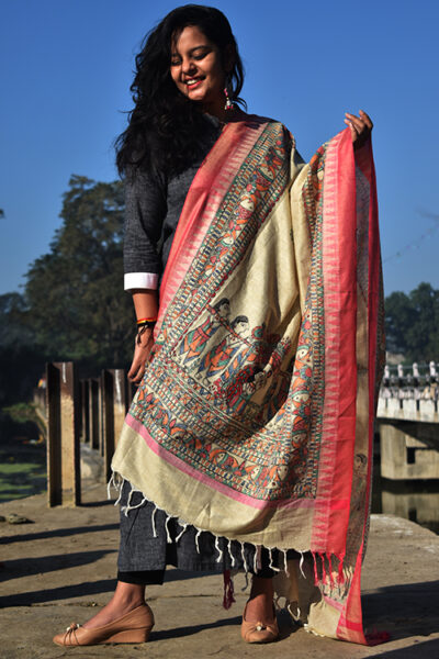 Madhubani Handpainted Beige Cotton Dupatta