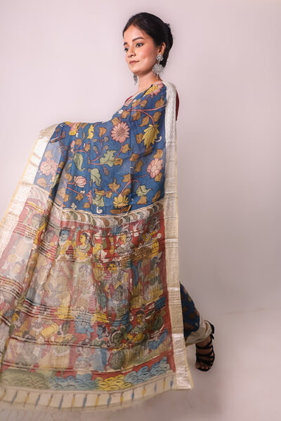 Kalamkari Hand-Painted Maheshwari Silk Saree