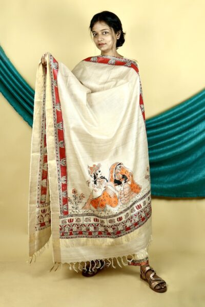 Madhubani Hand-painted “Madana Mohini” Natural Tussar Silk Dupatta