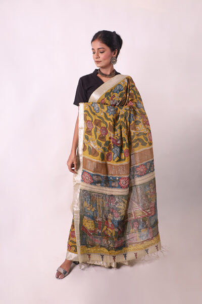 Kalamkari Hand-Painted Maheshwari Silk Saree