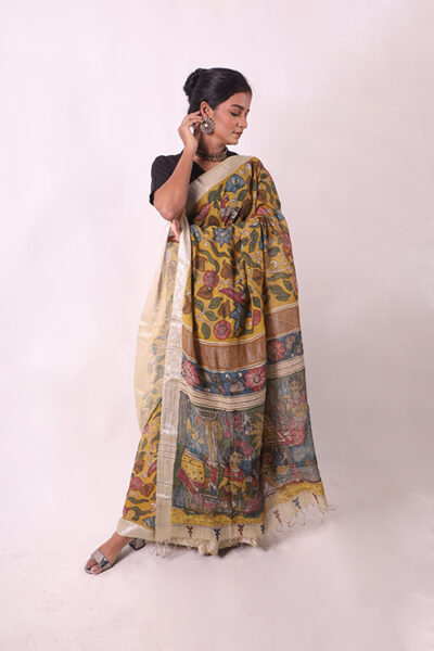 Kalamkari Hand-Painted Maheshwari Silk Saree