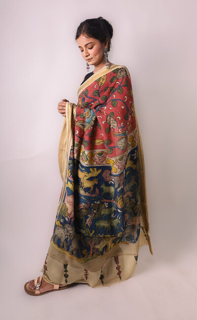 Kalamkari Hand-Painted Maheshwari Silk Saree