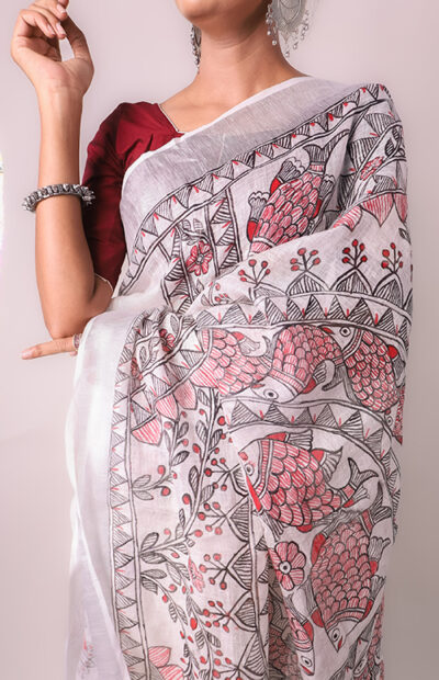 Women’s Madhubani Painting Saree I Hand Painted I Mithila Linen Saree