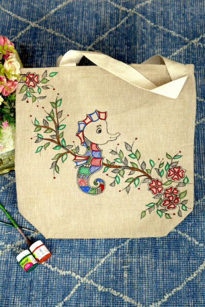 Cultural Canvas Carryall Handpainted Cotton Jute Tote Bag