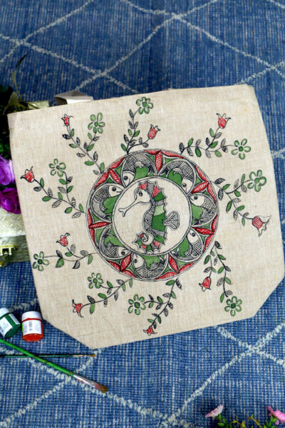 Madhubani Marvel Handpainted Cotton Jute Tote Bag