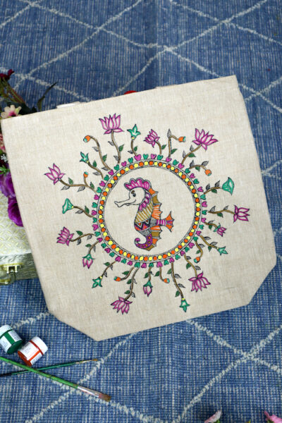 Handcrafted Heritage Handpainted Cotton Jute Tote Bag