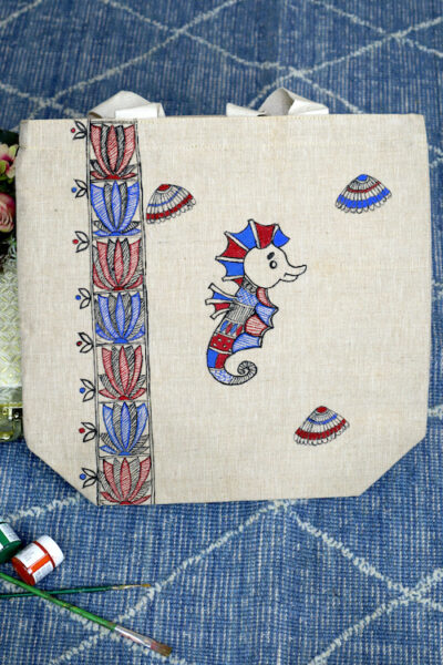 Elegant Ethnique Handpainted Cotton Jute Tote Bag