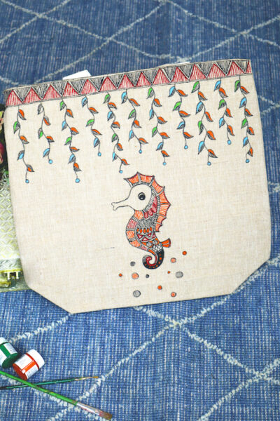 Madhubani Muse Handpainted Cotton Jute Tote Bag