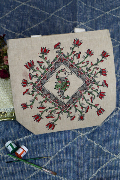 Nature’s Harmony Handpainted Cotton Jute Tote Bag