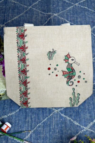 Handcrafted Hues Handpainted Cotton Jute Tote Bag