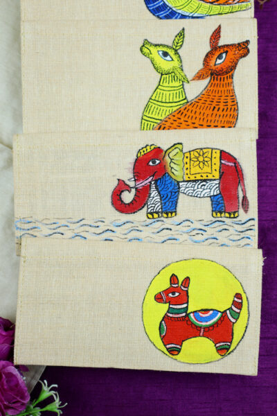 Vibrant Visions Jute Gond Hanpainted Envelope – Set of 4