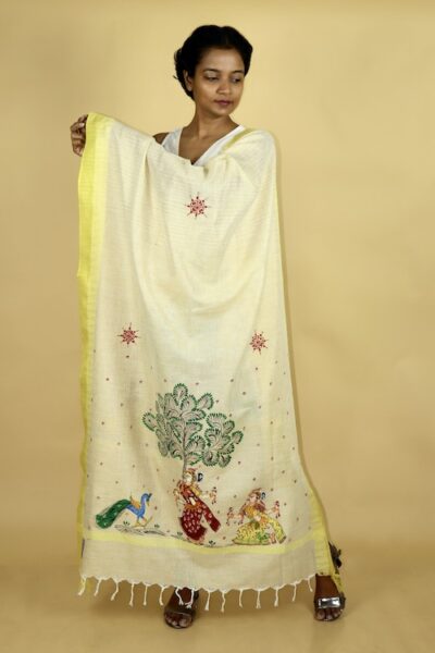 Pattachitra Handpainted Yellow Cotton Dupatta