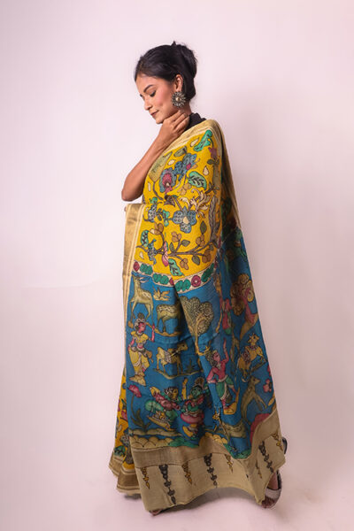 Kalamkari Hand-Painted Maheshwari Silk Saree